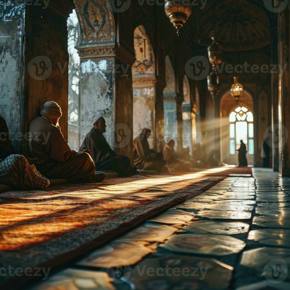 ai généré musulman homme prier à une mosquée avec lumière du soleil effet. adorer Dieu. génératif ai photo