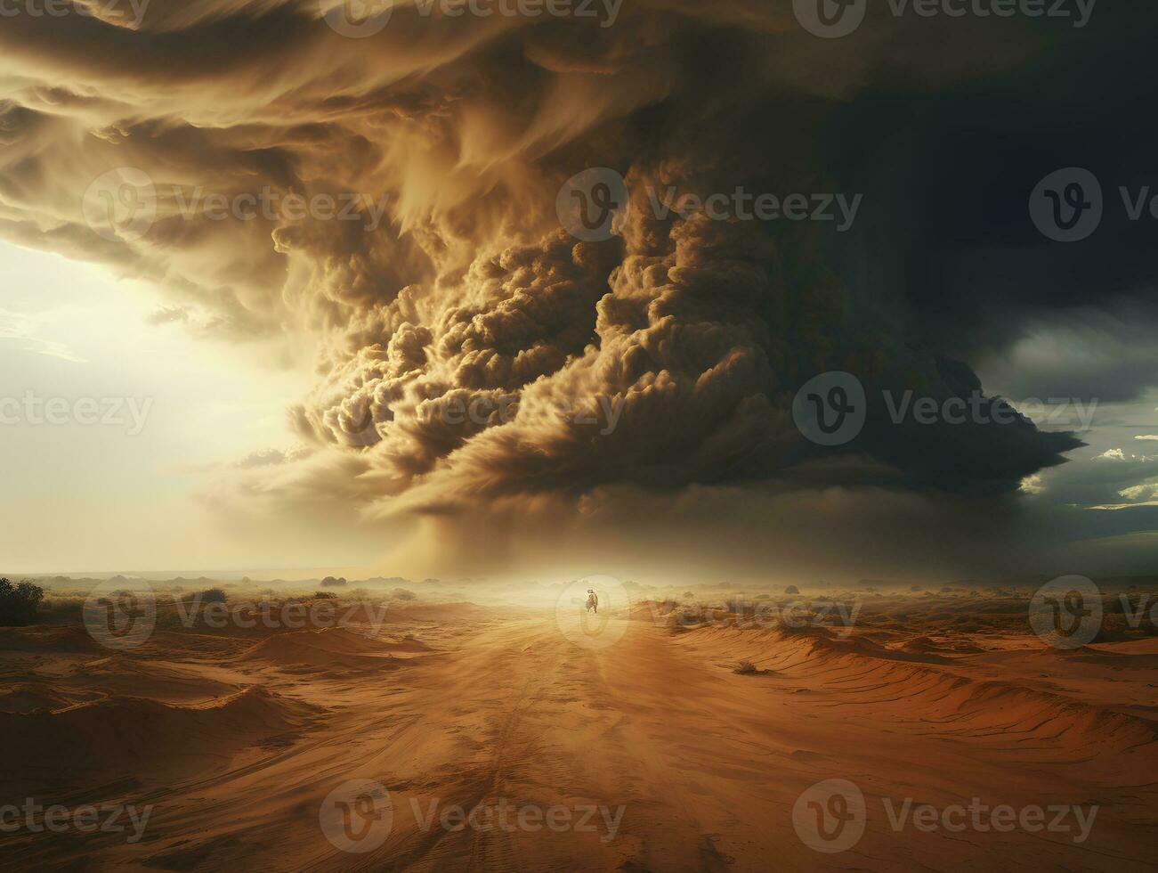 ai généré orageux ciel avec foudre grèves dans le désert. tempête de sable paysage. génératif ai photo