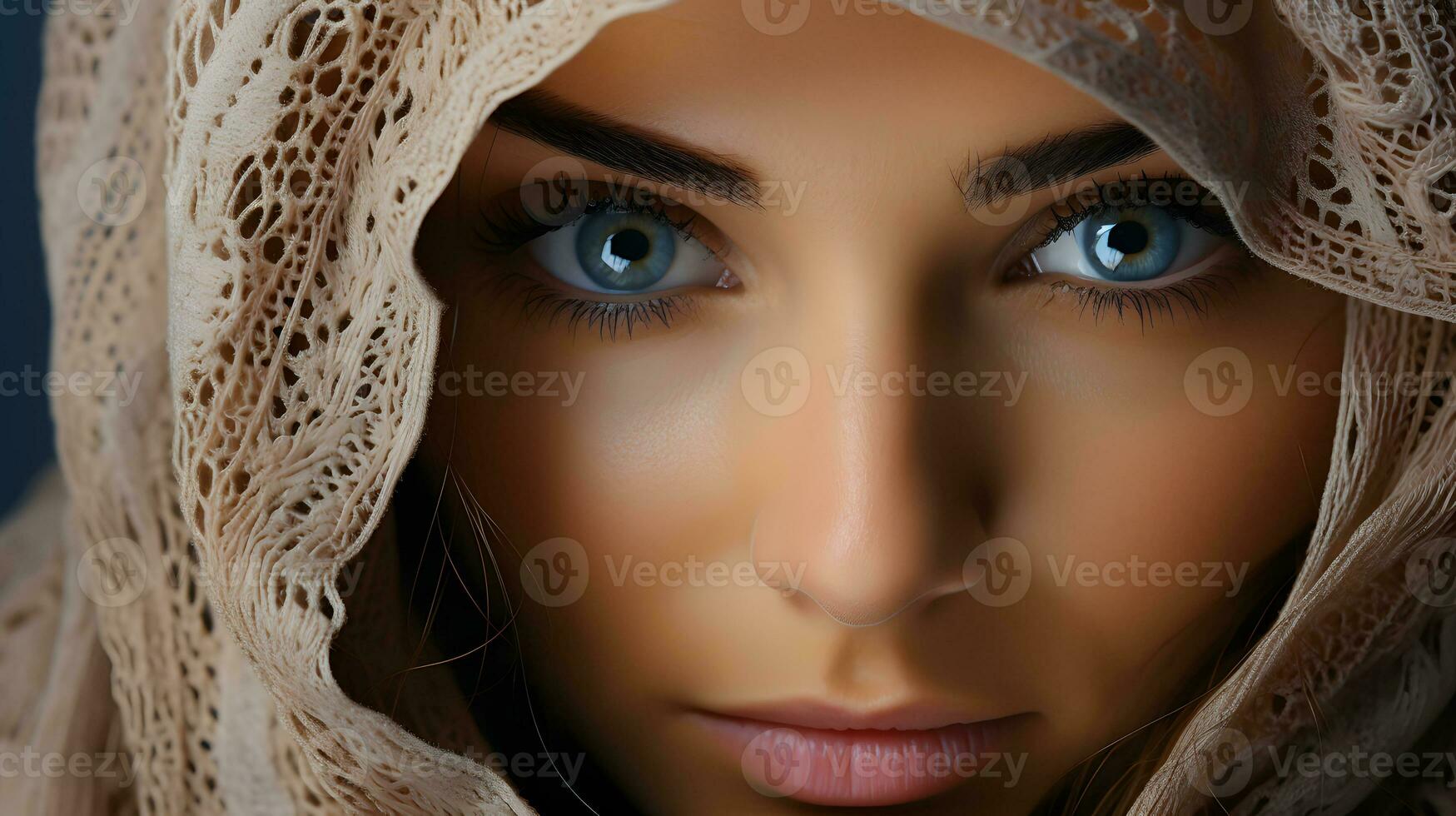 ai généré fermer photo de une magnifique arabe femme dans hijab avec étourdissant yeux. génératif ai