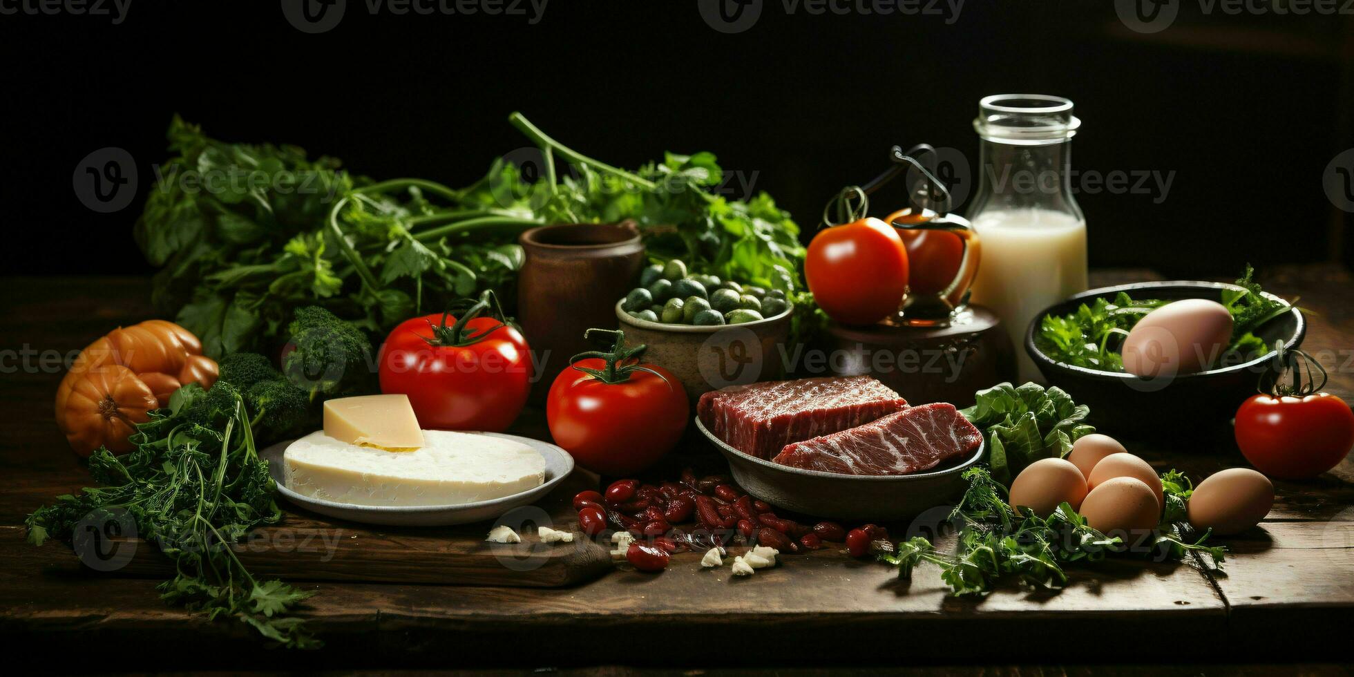 ai généré arrangement de brut Viande, lait, œufs, et des légumes sur noir Contexte. génératif ai photo