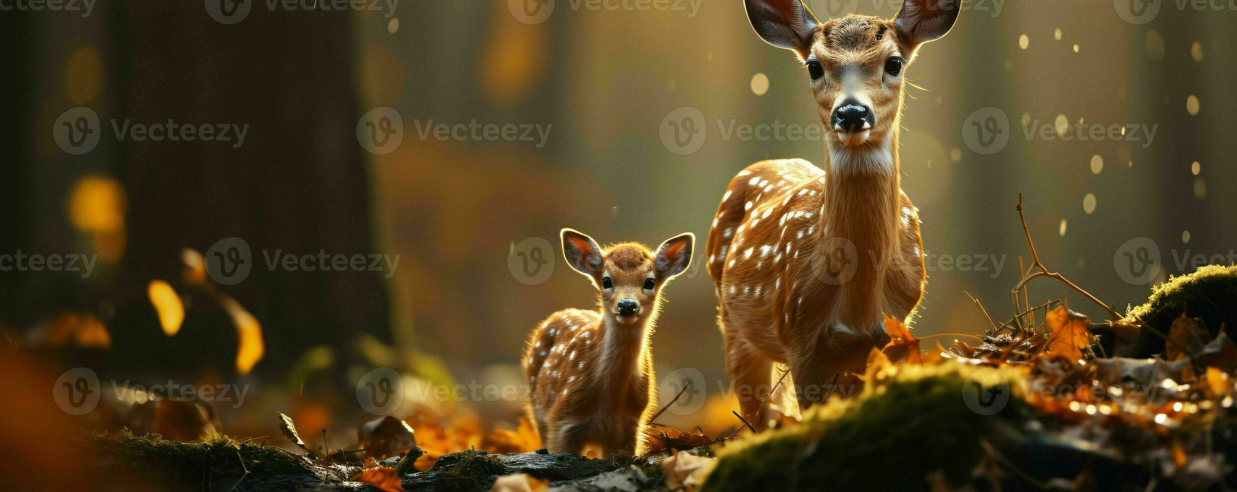 ai généré cerf et faon avec une floue forêt Contexte. génératif ai photo