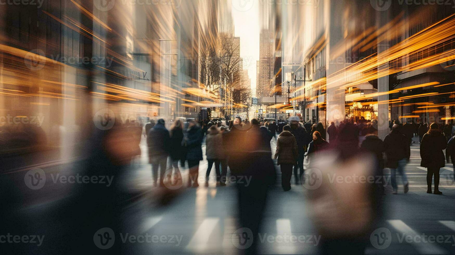 ai généré flou abstrait photo de beaucoup gens en marchant sur le trottoir de une occupé centre ville rue, Urbain mode de vie