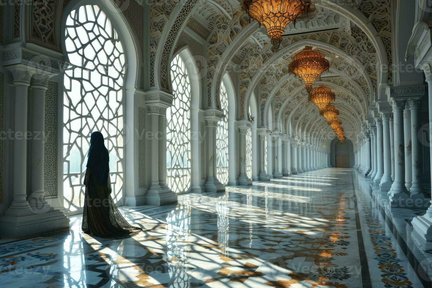 ai généré muslimah avec niqab des promenades dans le luxueux intérieur de une mosquée. musulman femmes à mosquée. génératif ai photo