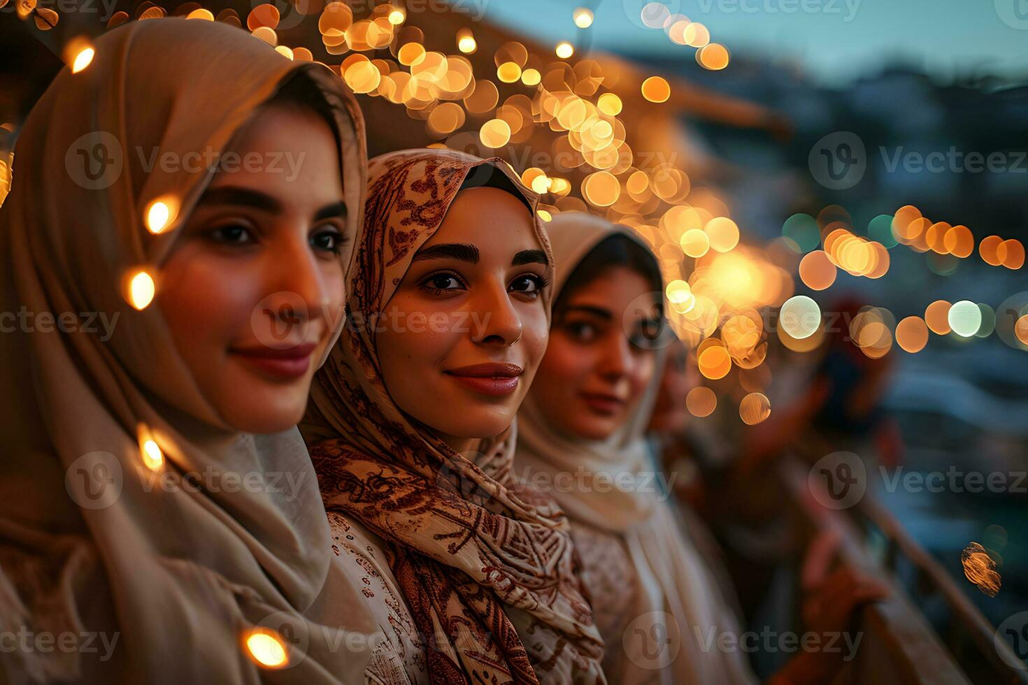 ai généré groupe de content musulman femmes portant hijab prise selfie avec mobile téléphone à le coucher du soleil. génératif ai photo