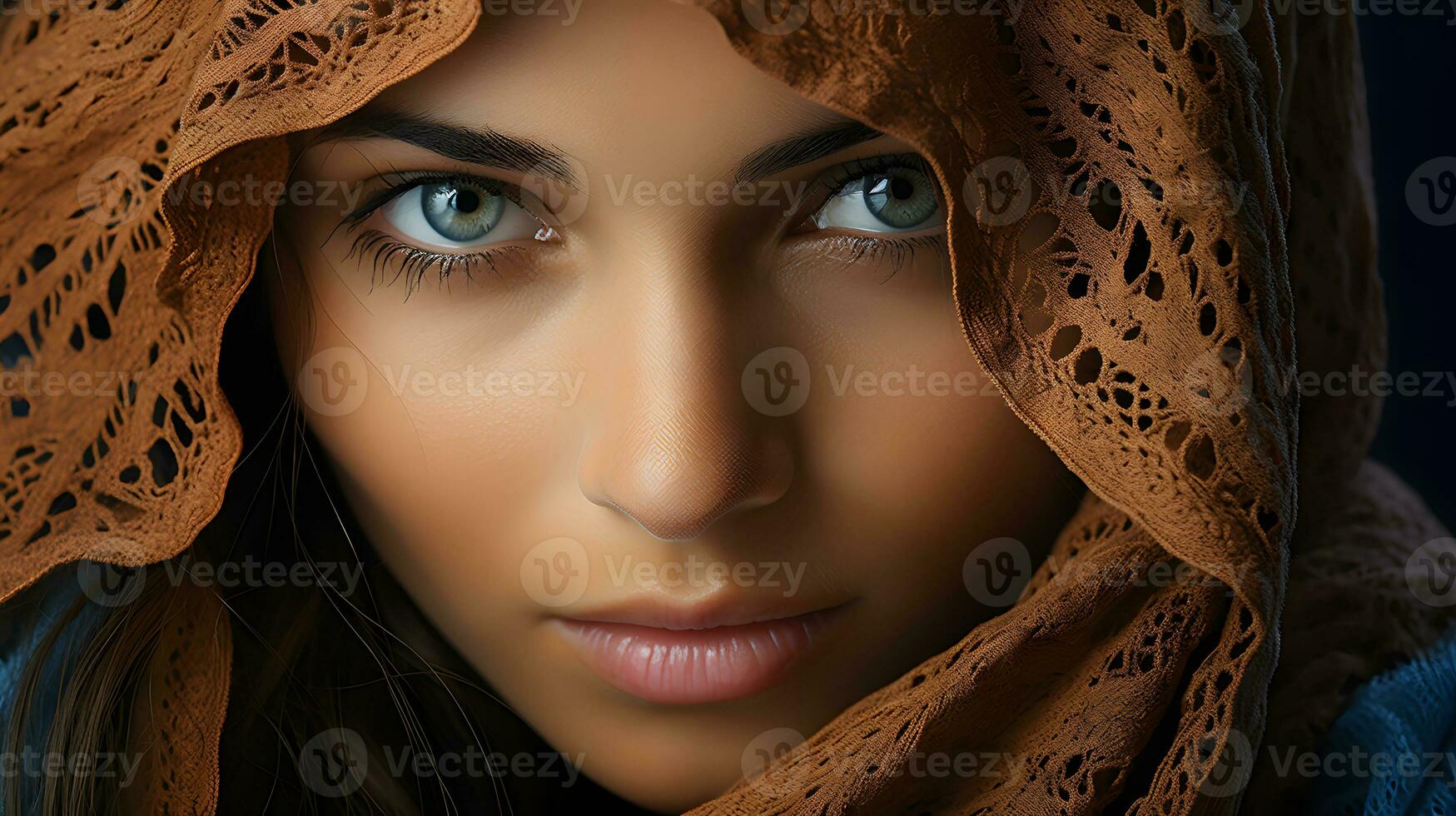 ai généré fermer photo de une magnifique arabe femme dans hijab avec étourdissant yeux. génératif ai
