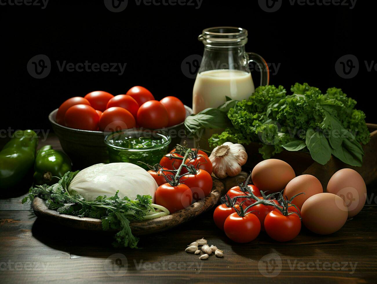 ai généré arrangement de brut Viande, lait, œufs, et des légumes sur noir Contexte. génératif ai photo