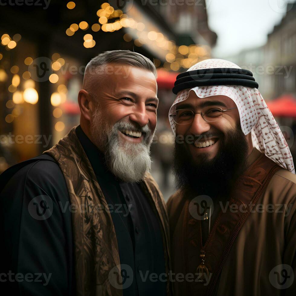 ai généré portrait de musulman imam et Christian prêtre embrassement chaque autre. génératif ai photo