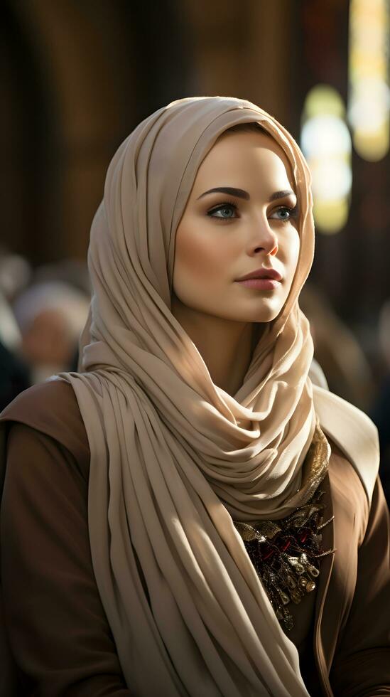 ai généré magnifique musulman femme dans hijab est assis dans mosquée, écoute à sermon, génératif ai photo