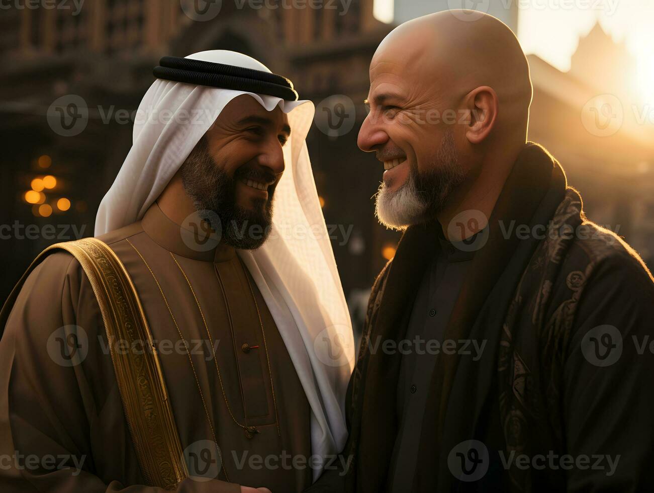 ai généré portrait de musulman imam et Christian prêtre embrassement chaque autre. génératif ai photo