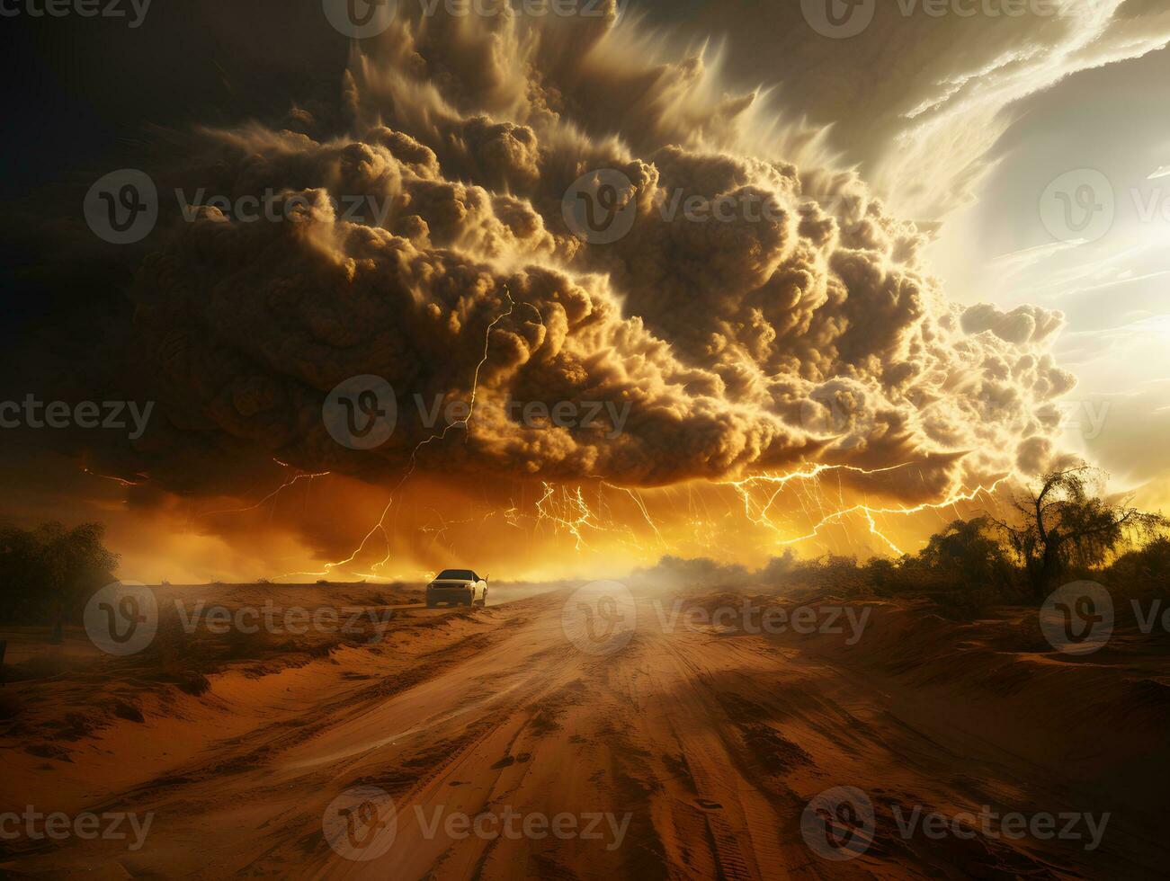 ai généré orageux ciel avec foudre grèves dans le désert. tempête de sable paysage. génératif ai photo