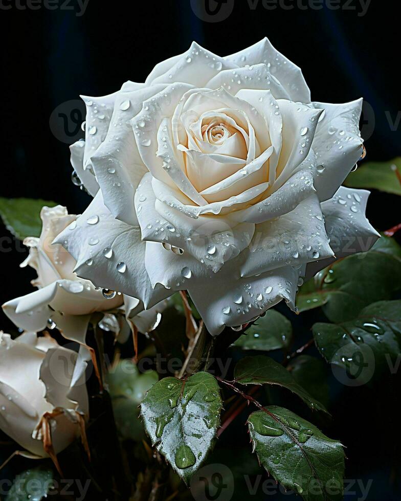 ai généré épanouissement blanc Rose avec l'eau gouttelettes sur il isolé sur noir Contexte. Rose proche en haut. génératif ai photo