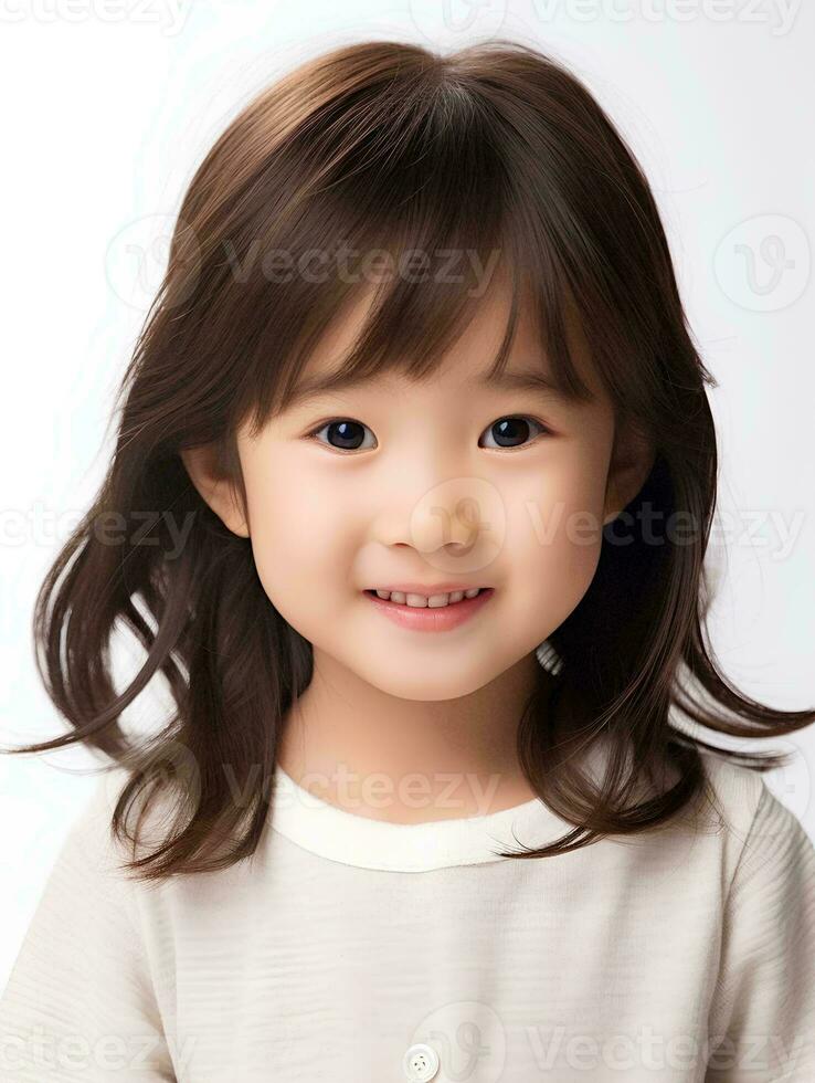 ai généré portrait de mignonne et magnifique peu Japonais fille, souriant expression, isolé blanc arrière-plan, ai génératif photo