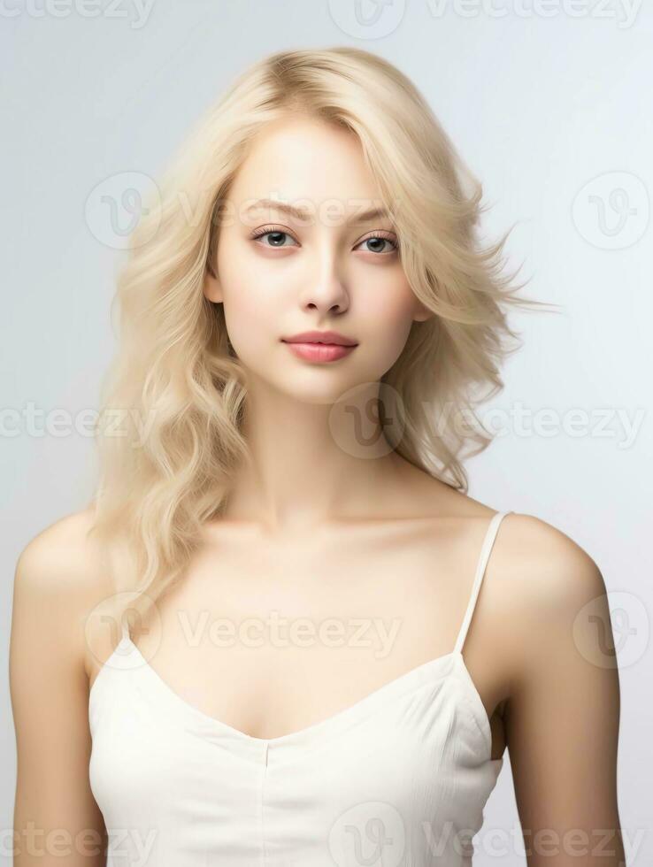 ai généré proche en haut de magnifique Japonais femme dans féminin robe avec blond cheveux, isolé blanc arrière-plan, ai génératif photo