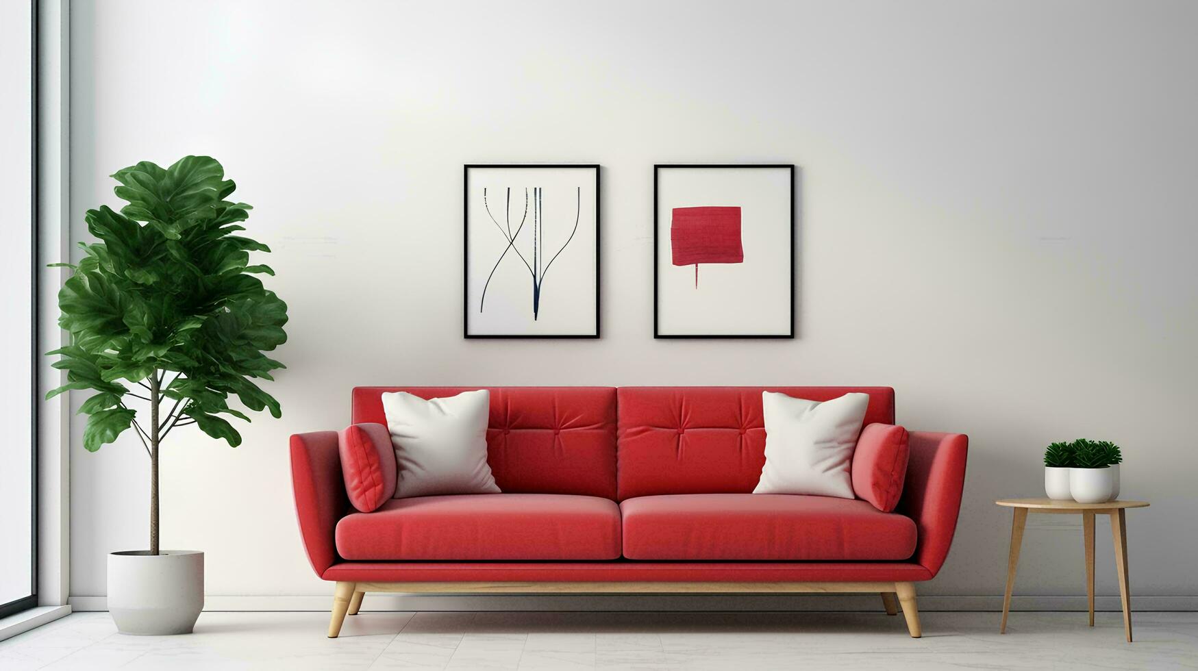 ai généré rouge canapé et inclinable dans appartement, moderne vivant pièce intérieur conception, maquette Cadre concept dans Facile confortable vivant pièce intérieur, 3d le rendu photo