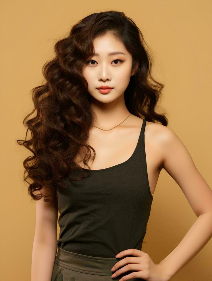 ai généré magnifique Jeune asiatique femme portant réservoir Haut avec longue frisé cheveux, coréen style maquillage et parfait peau sur un isolé arrière-plan, ai génératif photo