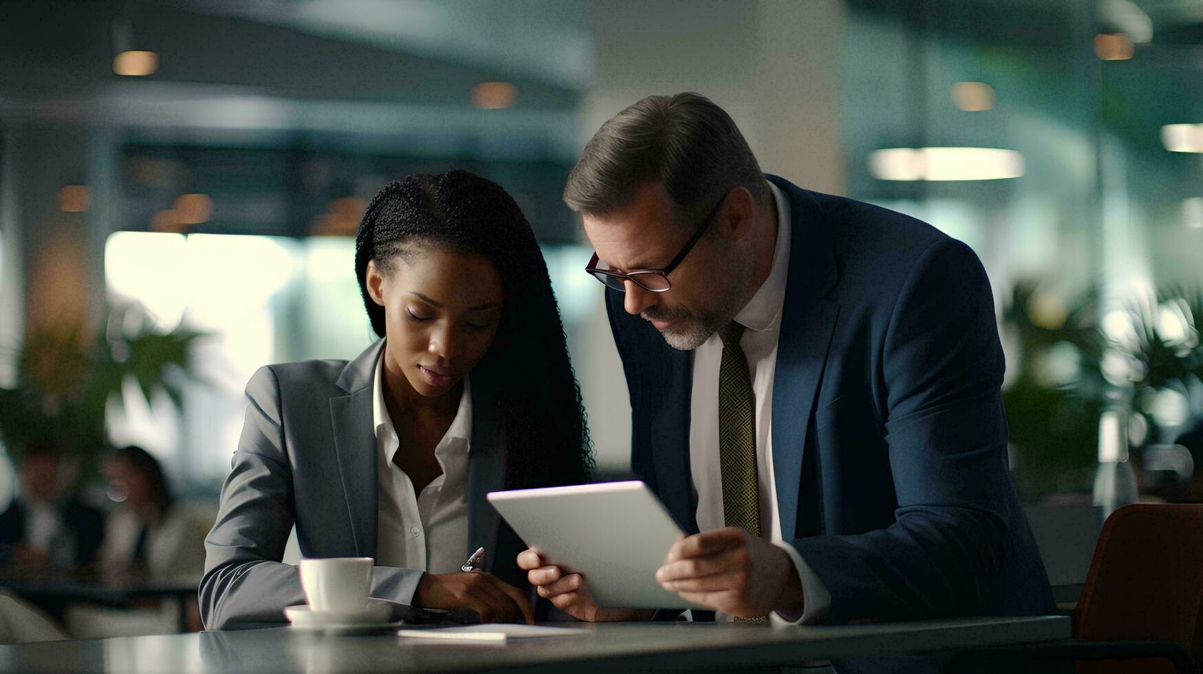 ai généré deux affaires professionnels travail ensemble avec africain femme et asiatique homme travail en utilisant numérique tablette La technologie discuter financier marché Les données à entreprise Bureau réunion photo