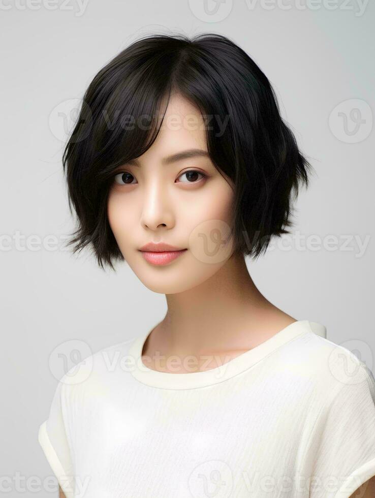 ai généré portrait de magnifique Japonais femme avec court bob la Coupe de cheveux, isolé blanc arrière-plan, ai génératif photo