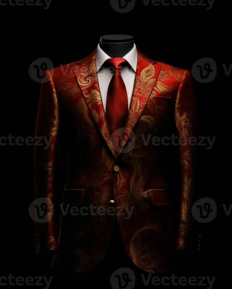 ai généré luxe et élégant rouge Pour des hommes costume avec abstrait motif isolé sur noir Contexte. génératif ai photo