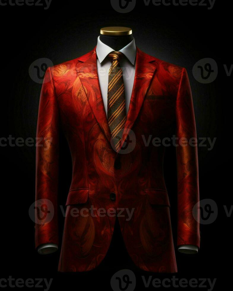 ai généré luxe et élégant rouge Pour des hommes costume avec abstrait motif isolé sur noir Contexte. génératif ai photo