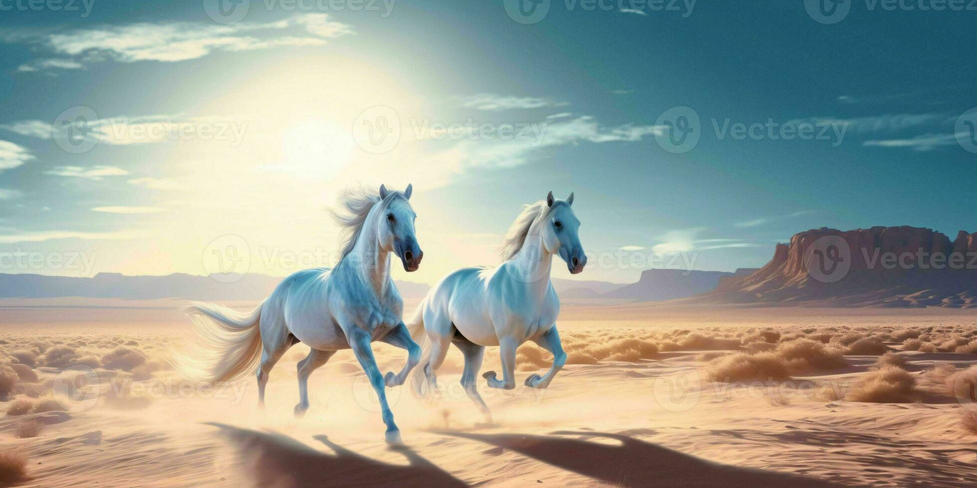 ai généré argent les chevaux galopant dans le désert sable. génératif ai photo