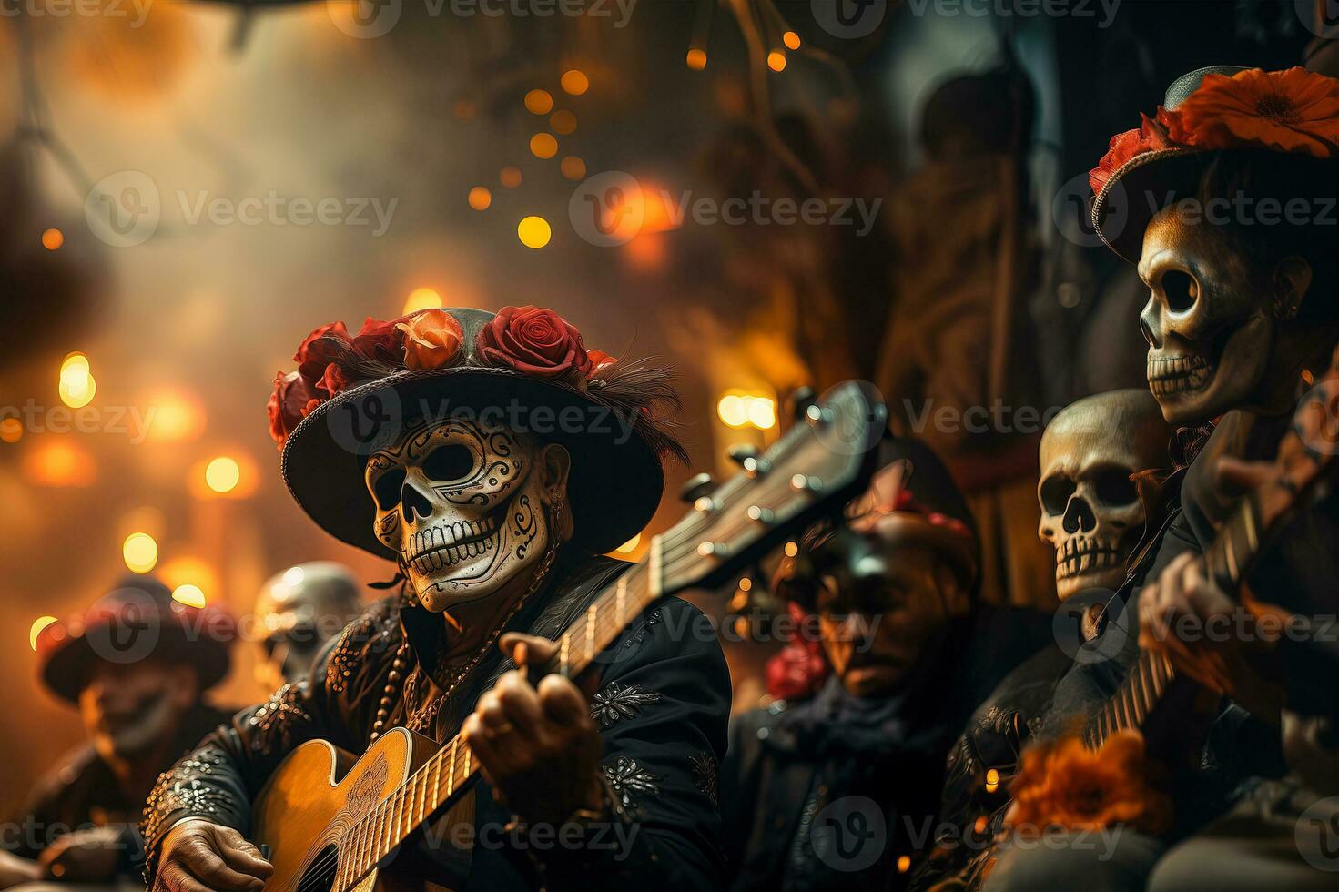 ai généré fermer de une Jeune homme avec maquillage et guitare à une journée de le mort fête. photo