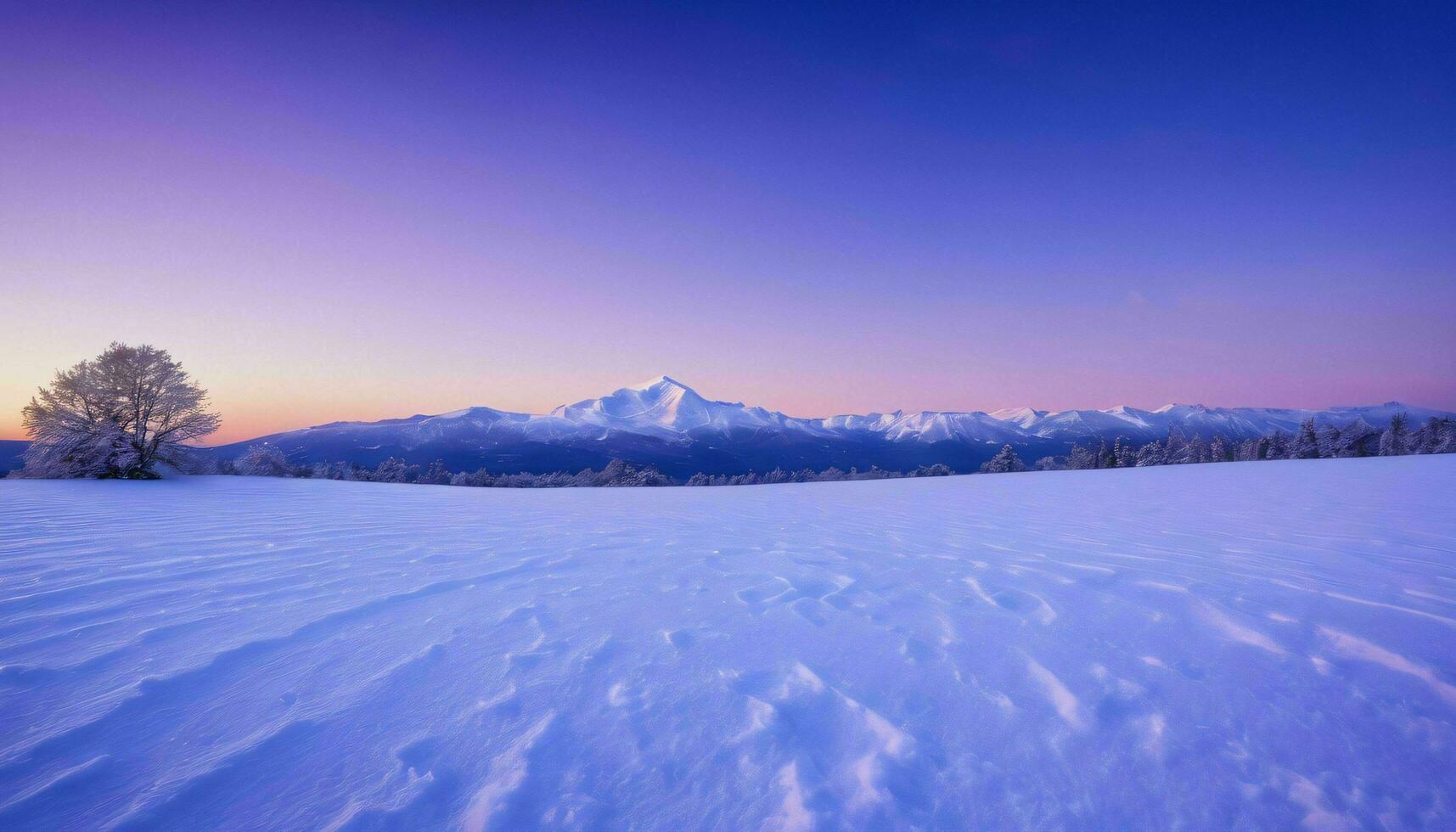 ai généré neigeux paysage à le coucher du soleil avec montagnes photo