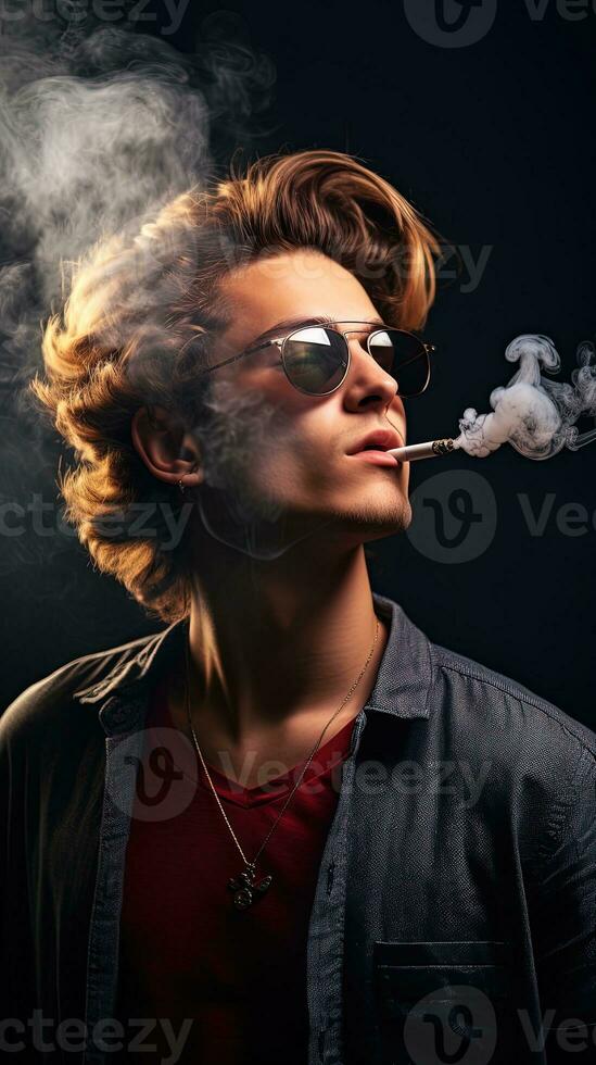ai généré portrait de une Beau Jeune homme dans des lunettes de soleil fumeur une cigarette, ai génératif photo