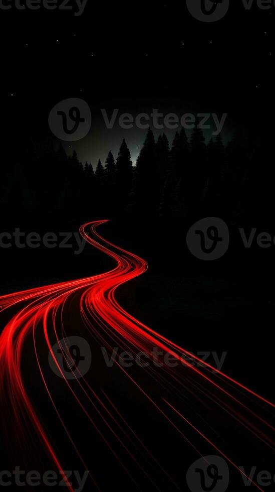 ai généré voiture lumière les sentiers sur le route. longue exposition photo pris dans une forêt