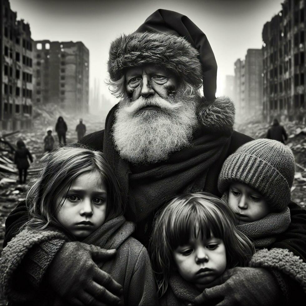 ai généré une triste père Noël est permanent avec les enfants parmi le ruines de une ville dans guerre. Arrêtez tout guerres concept. photo