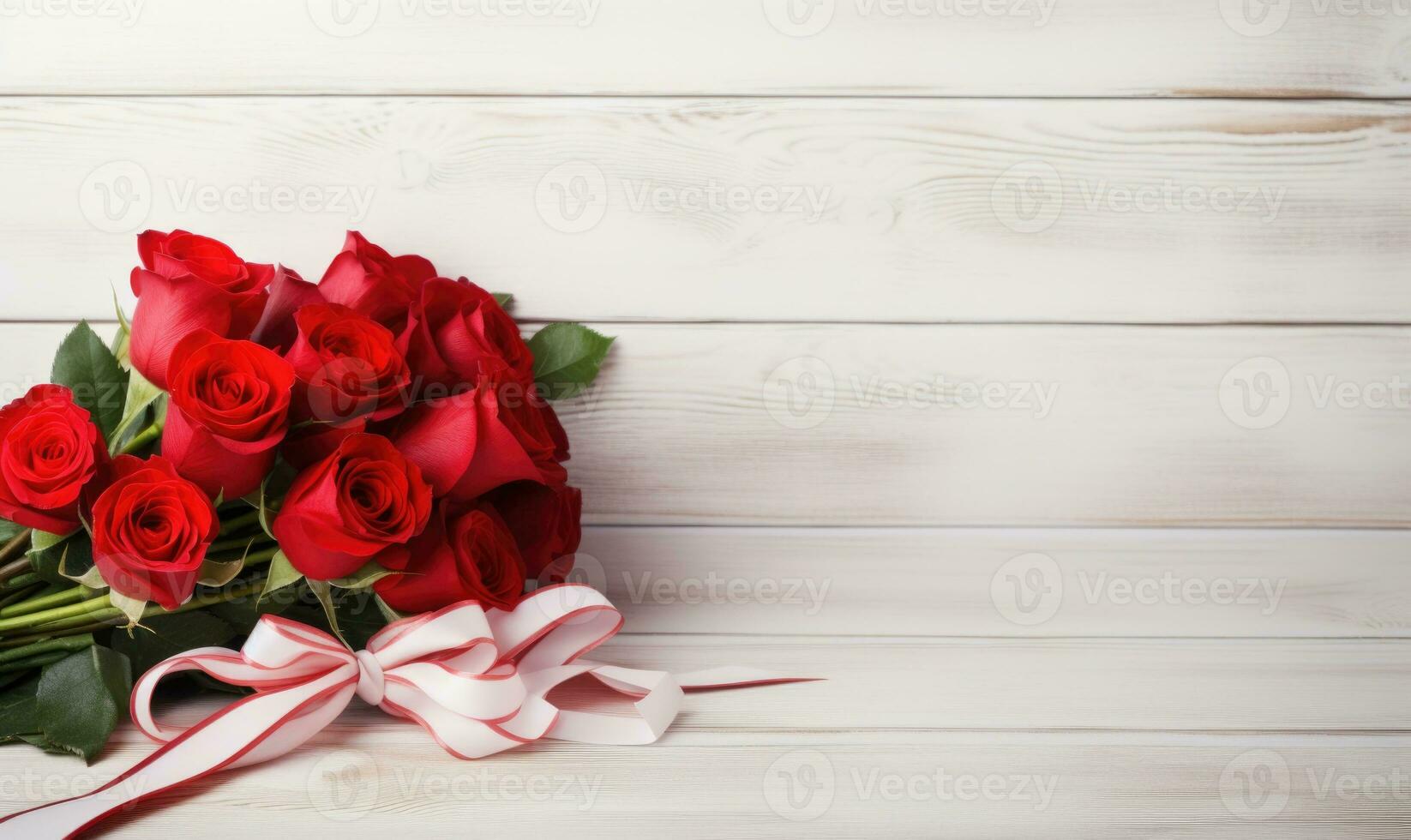 ai généré bouquet de rouge et blanc des roses avec rouge ruban sur blanc en bois Contexte photo