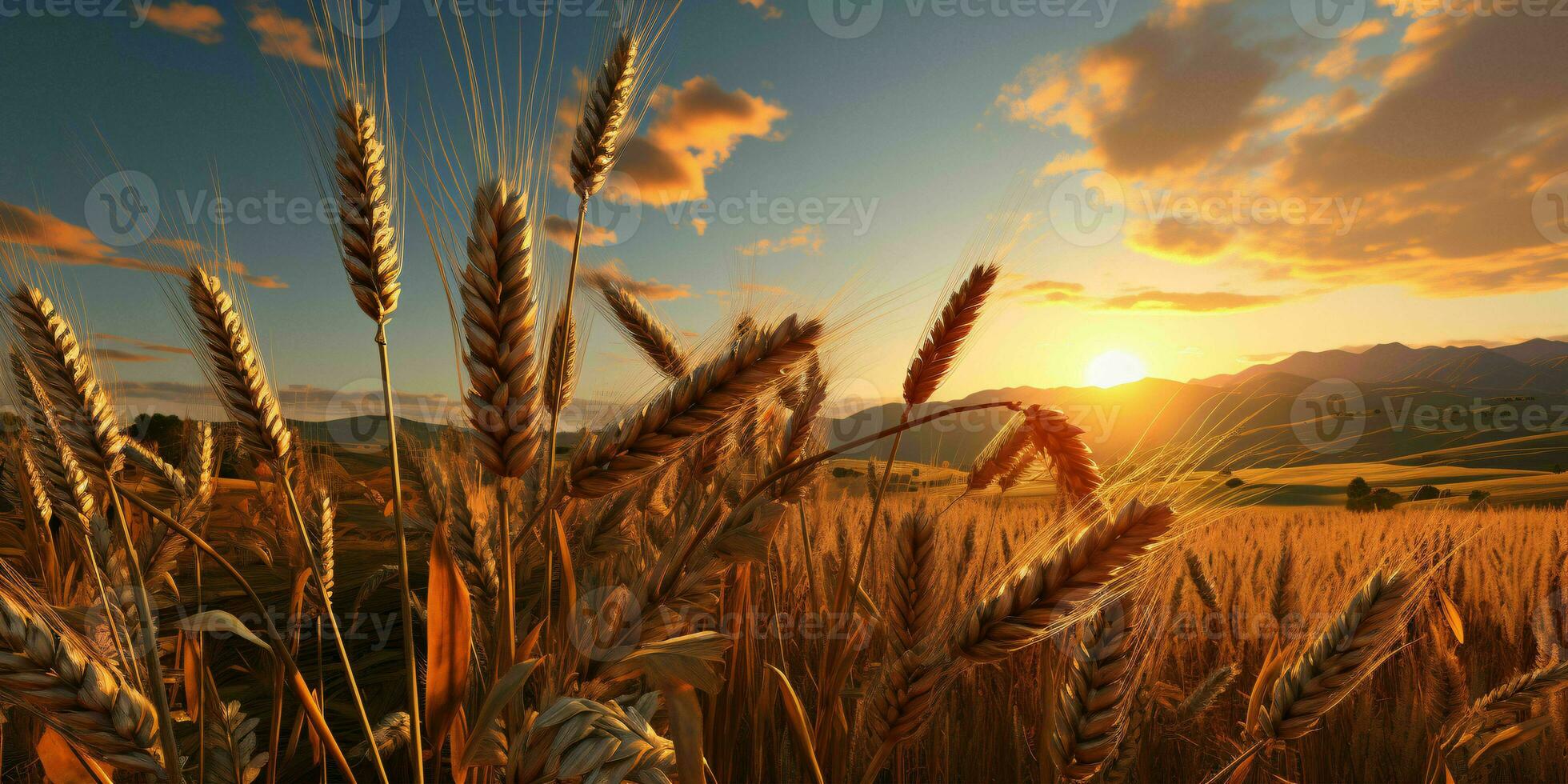 ai généré blé des champs avec une magnifique le coucher du soleil voir. génératif ai photo