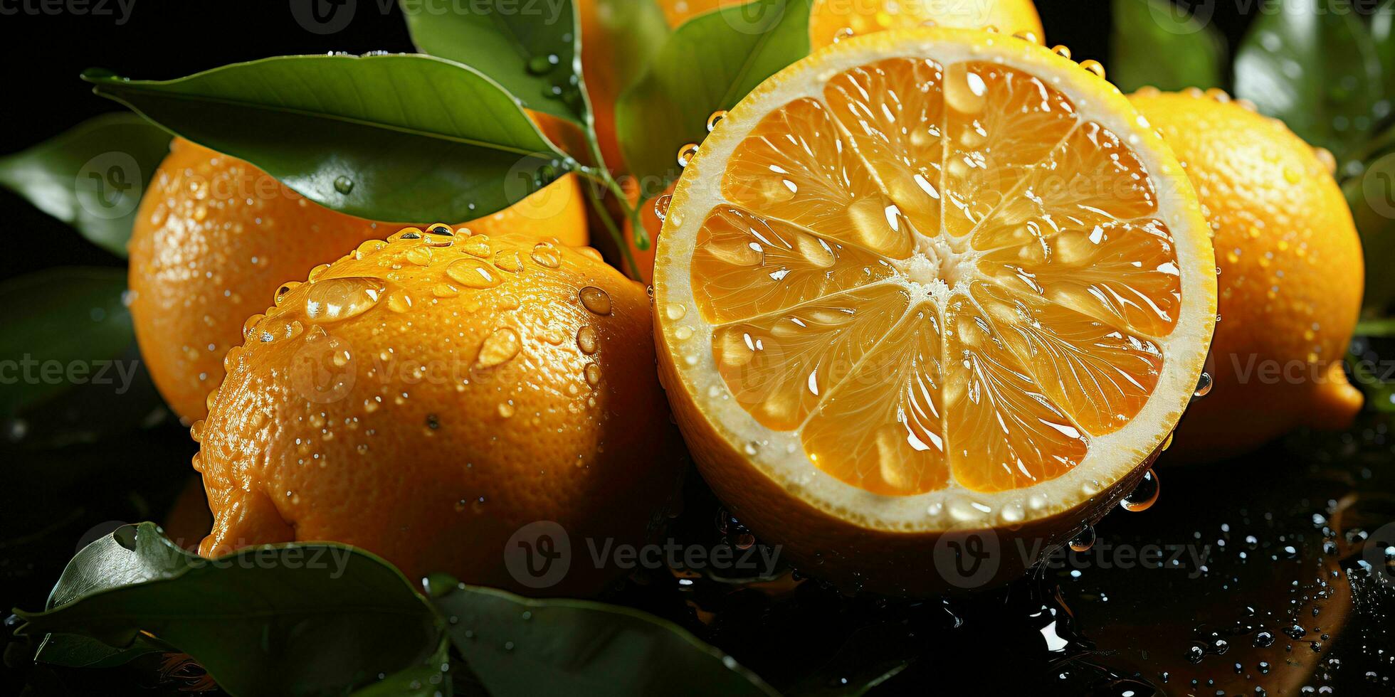 ai généré Frais des oranges avec l'eau gouttelettes isolé sur une noir Contexte. génératif ai photo