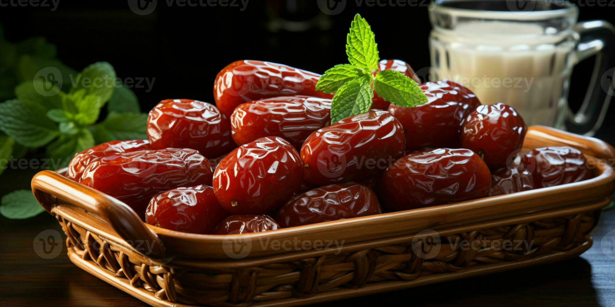 ai généré séché Rendez-vous dans une en bois panier. fermer de Date fruit. génératif ai photo