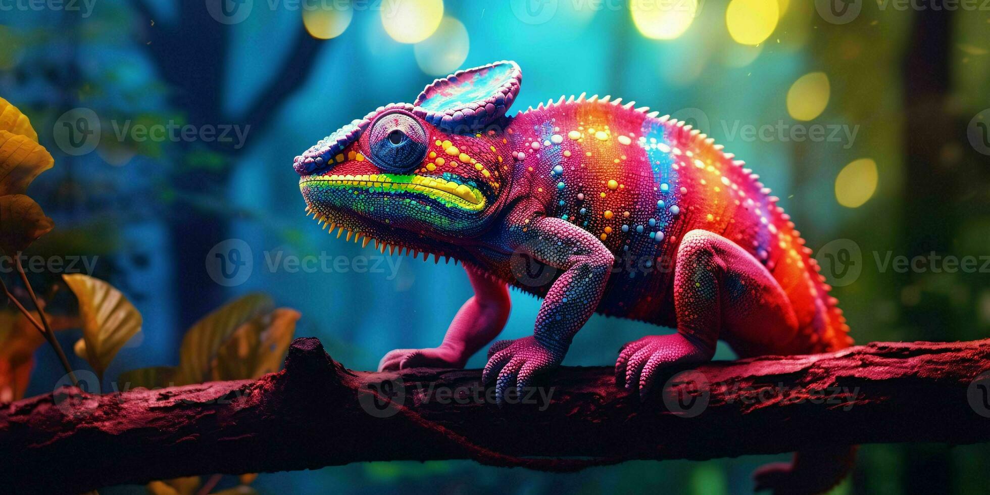 ai généré coloré caméléon perché sur une arbre branche avec vibrant néon lumière effet. numérique art. génératif ai photo