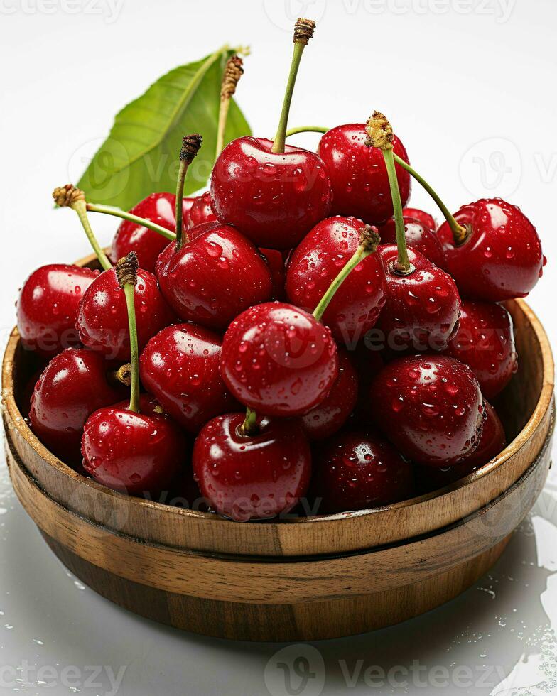 ai généré fermer de Frais cerise. pile de cerises avec l'eau gouttelettes. génératif ai photo