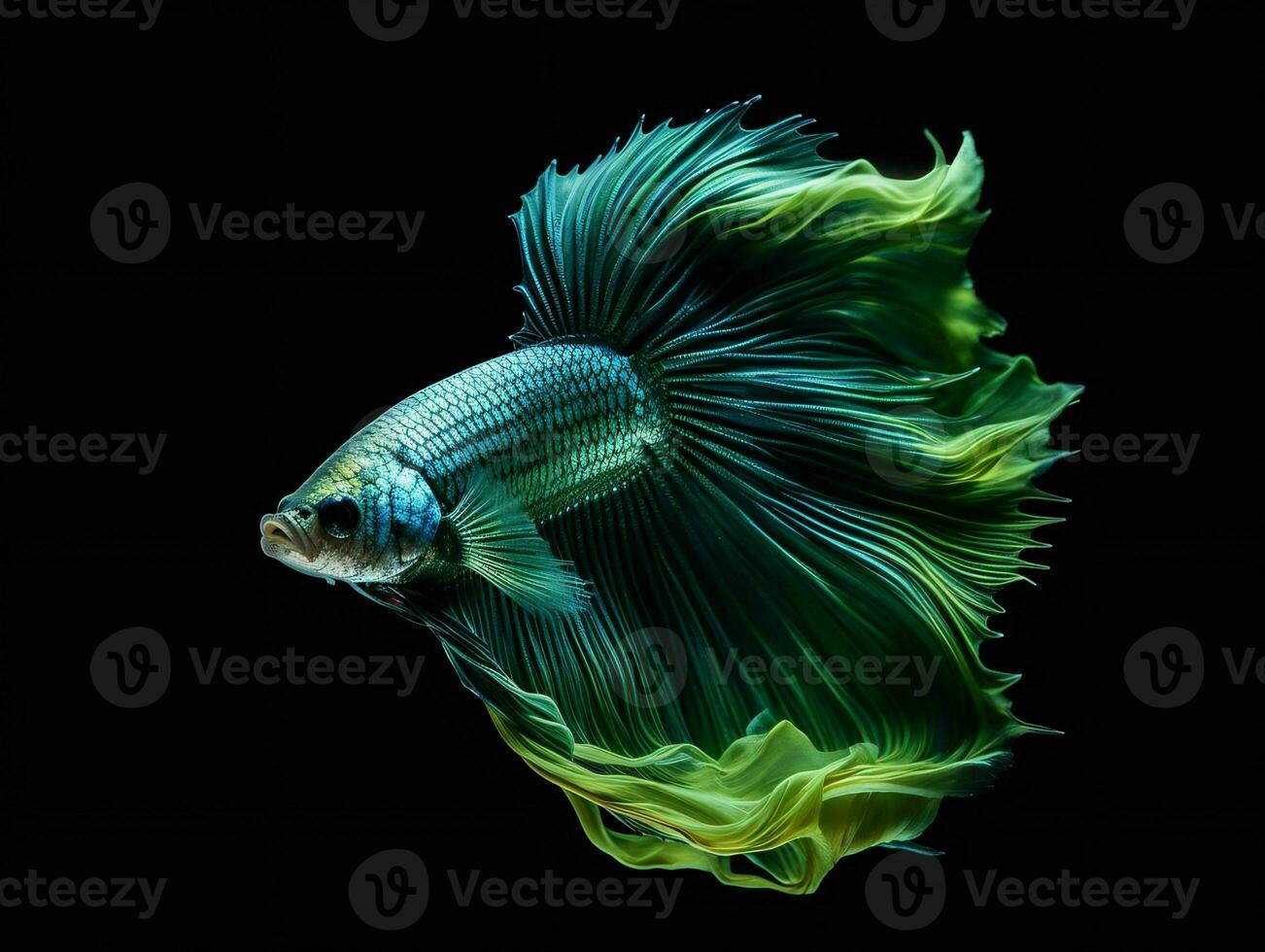 ai généré magnifique Siamois combat poisson. proche en haut de betta poisson isolé sur noir Contexte. génératif ai photo