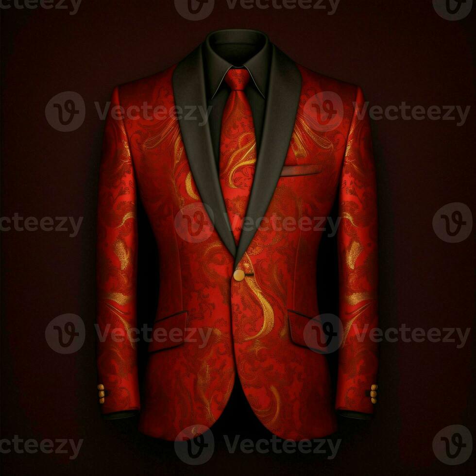 ai généré luxe et élégant rouge Pour des hommes costume avec abstrait motif isolé sur noir Contexte. génératif ai photo