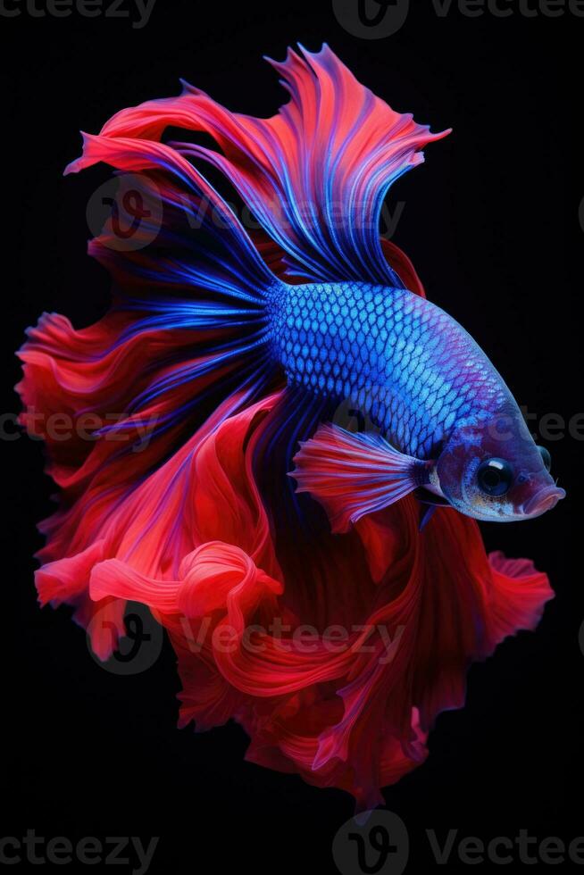 ai généré agressif Siamois pêche poisson, betta avec multi vibrant couleurs isolé noir Contexte photo