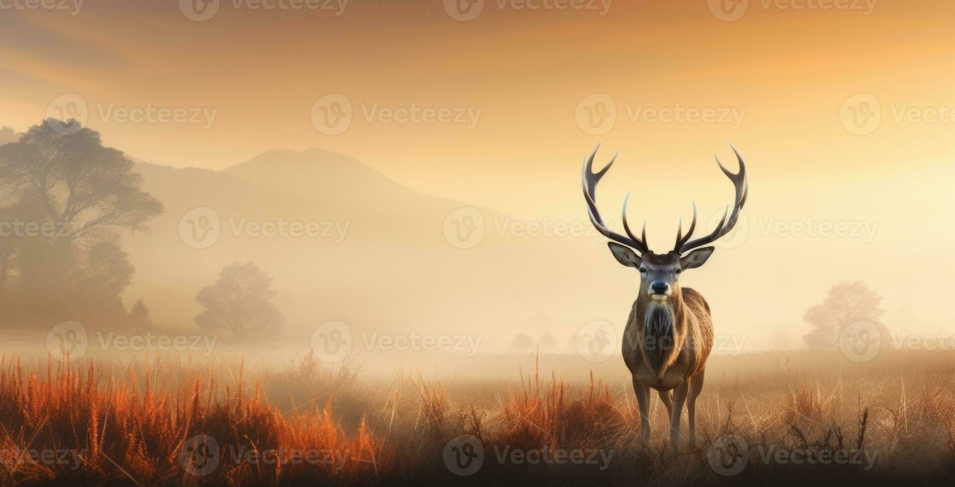 ai généré puissant rouge cerf permanent dans le savane avec dense brouillard dans le matin, l'automne thème photo