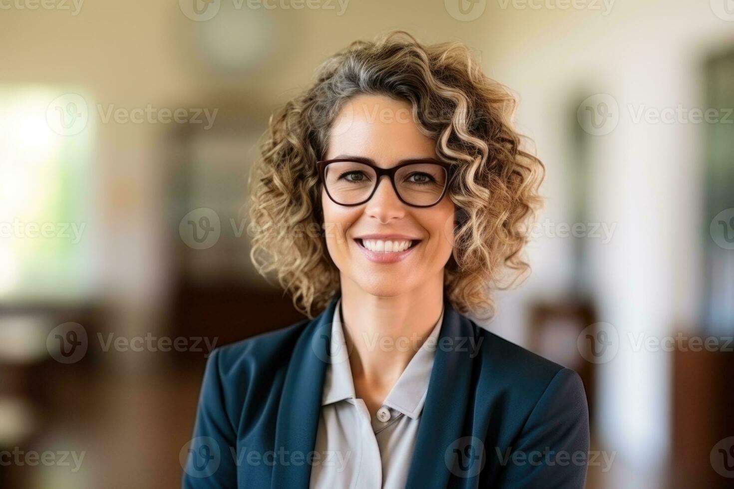 ai généré portrait de sur de soi caucasien femelle prof permanent dans salle de cours photo