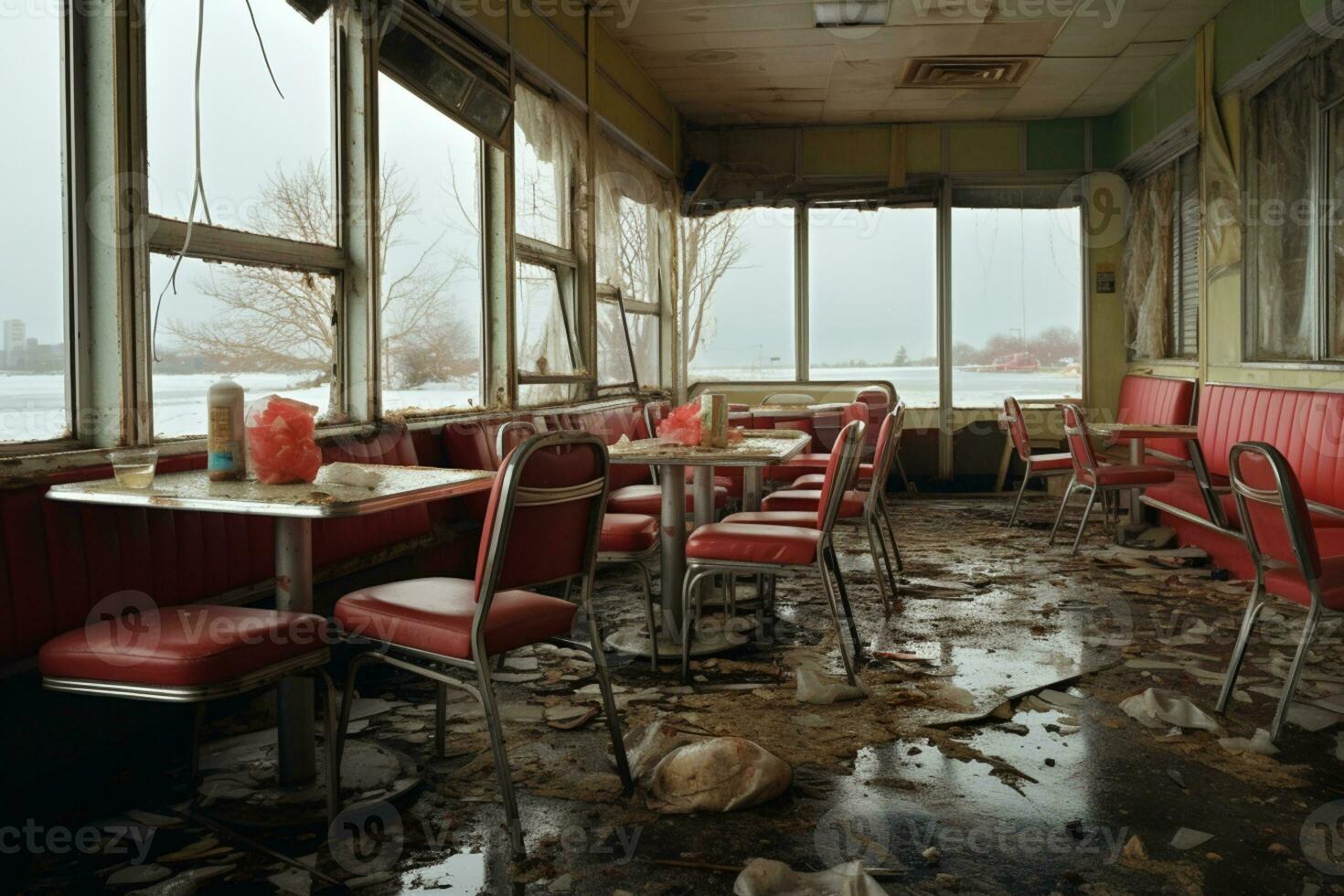 ai généré abandonné le dîner ou Restaurants dû à Naturel catastrophe photo