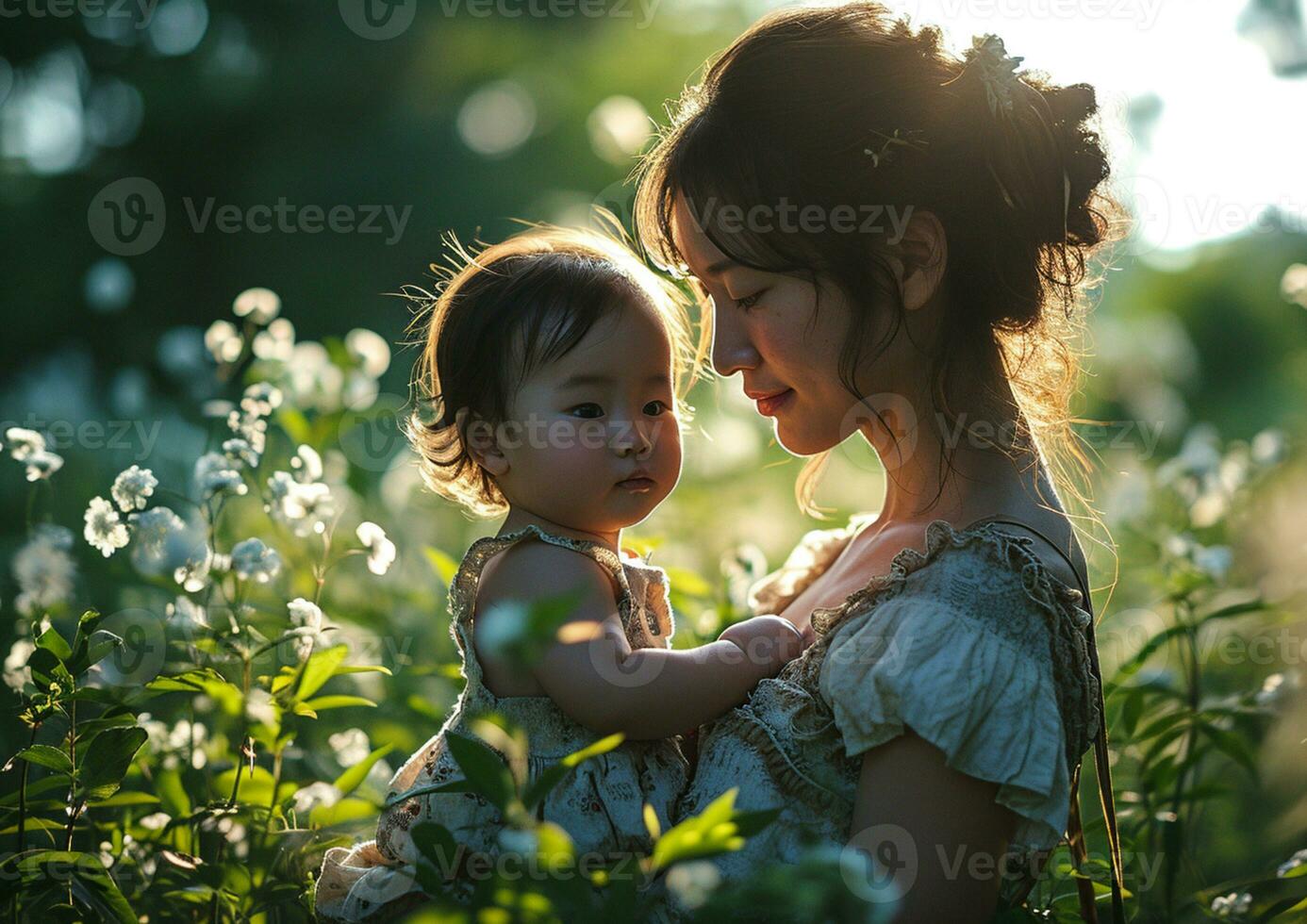 ai généré mère en portant sa enfant tandis que observer la nature lever du soleil photo