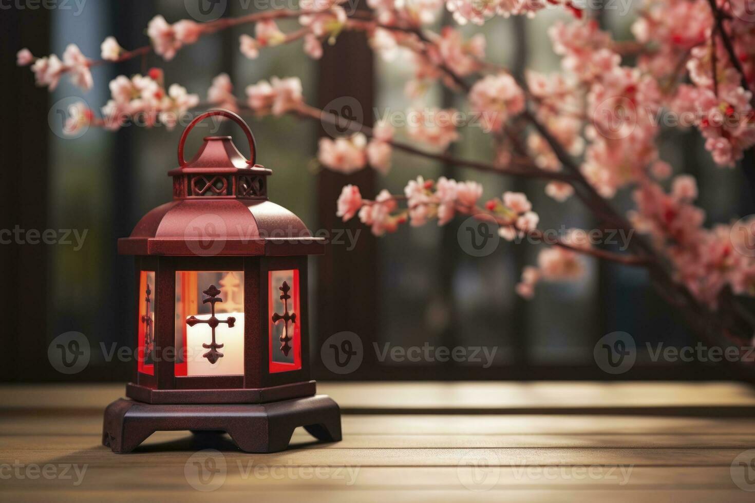 ai généré rouge lanterne avec Cerise fleurs sur une en bois tableau. génératif ai photo