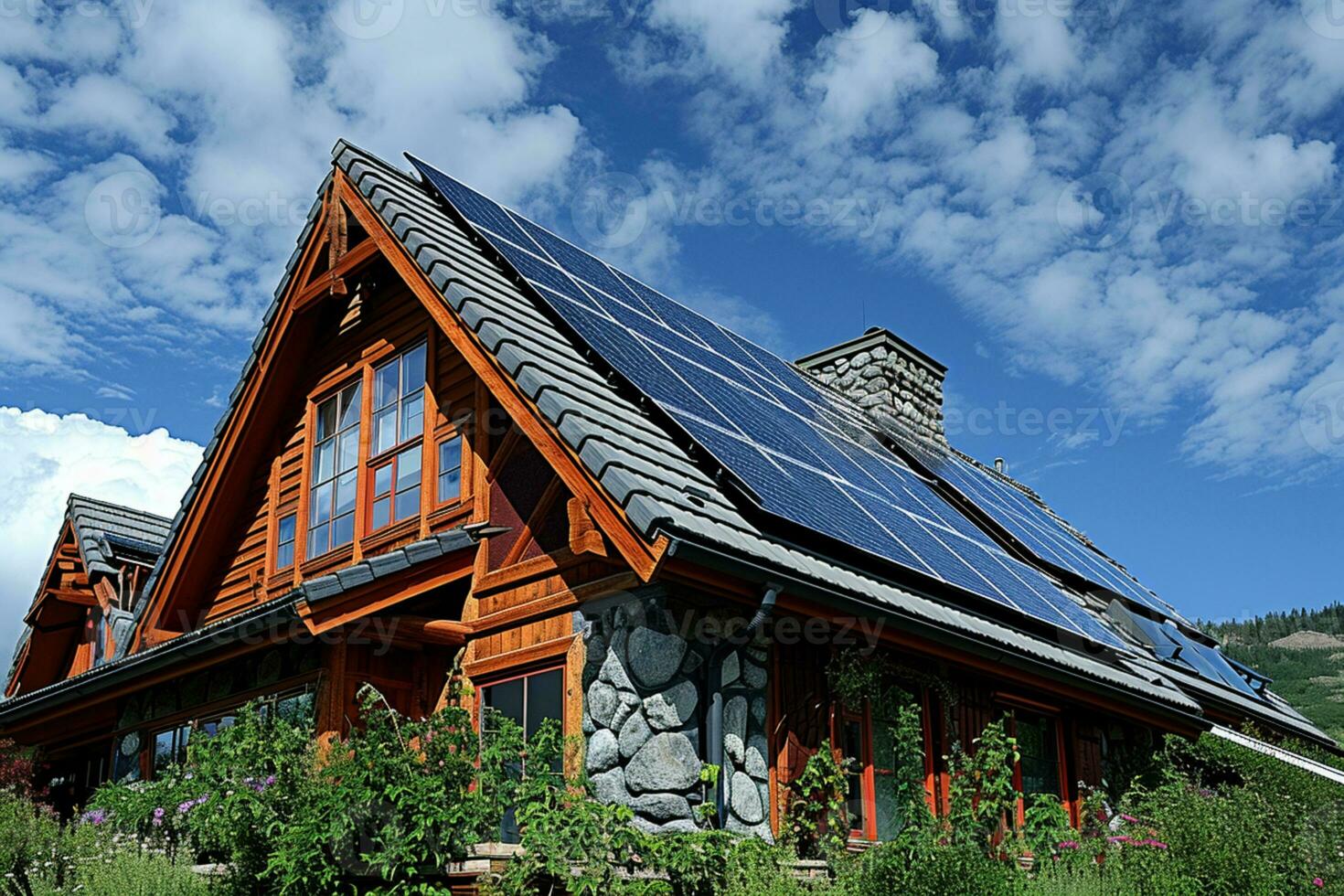 ai généré européen maison en haut dans le colline équipé avec solaire panneau photo