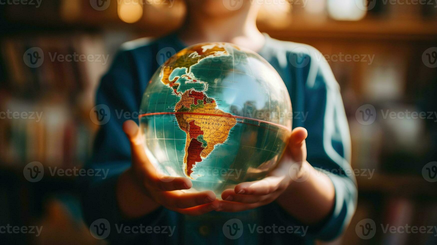 ai généré global éducation concept. cristal globe et monde carte tenue par les enfants. apprentissage, université, étude à l'étranger, international affaires éducation, éducatif concepts. photo