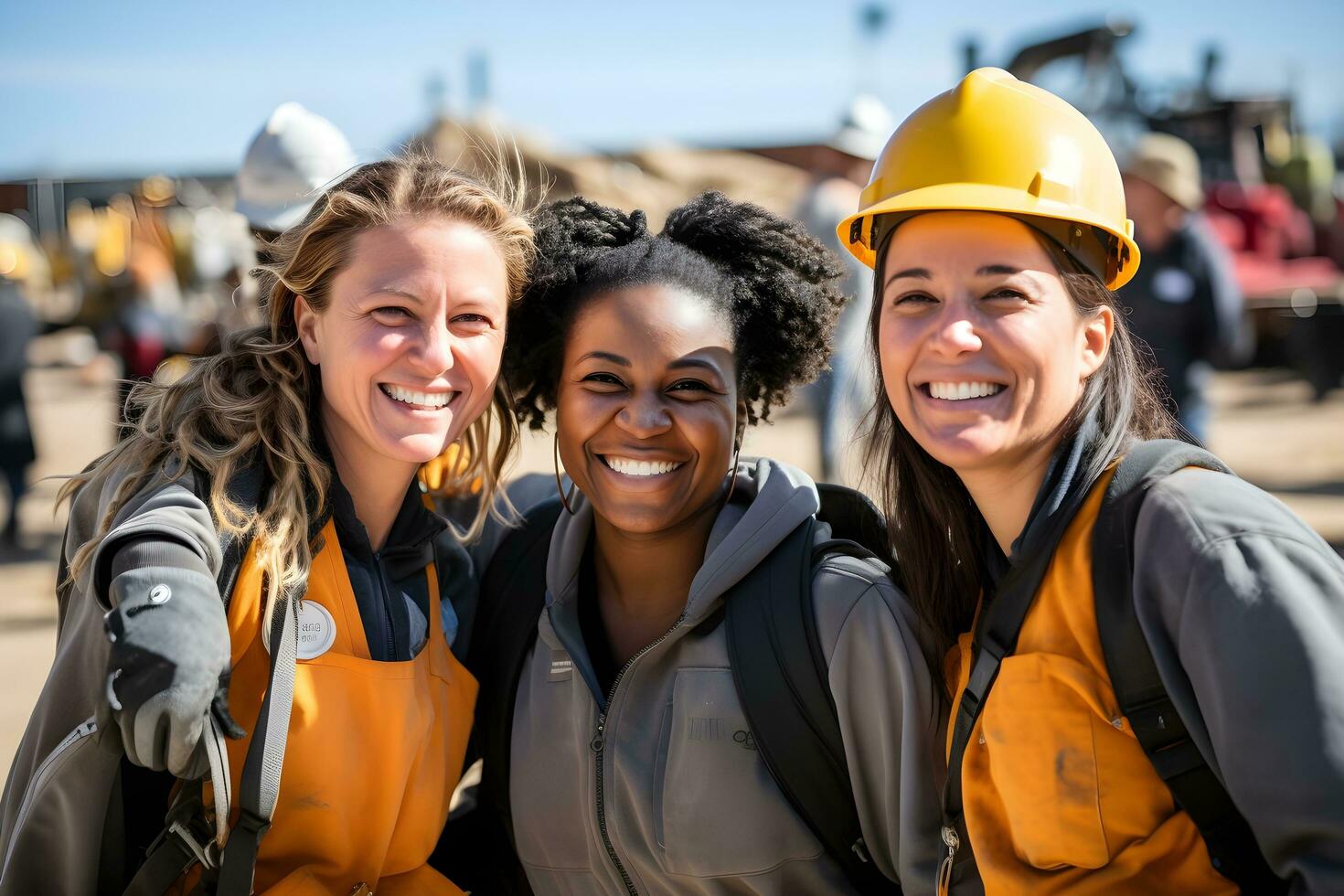 ai généré souriant construction ouvriers dans sécurité équipement photo