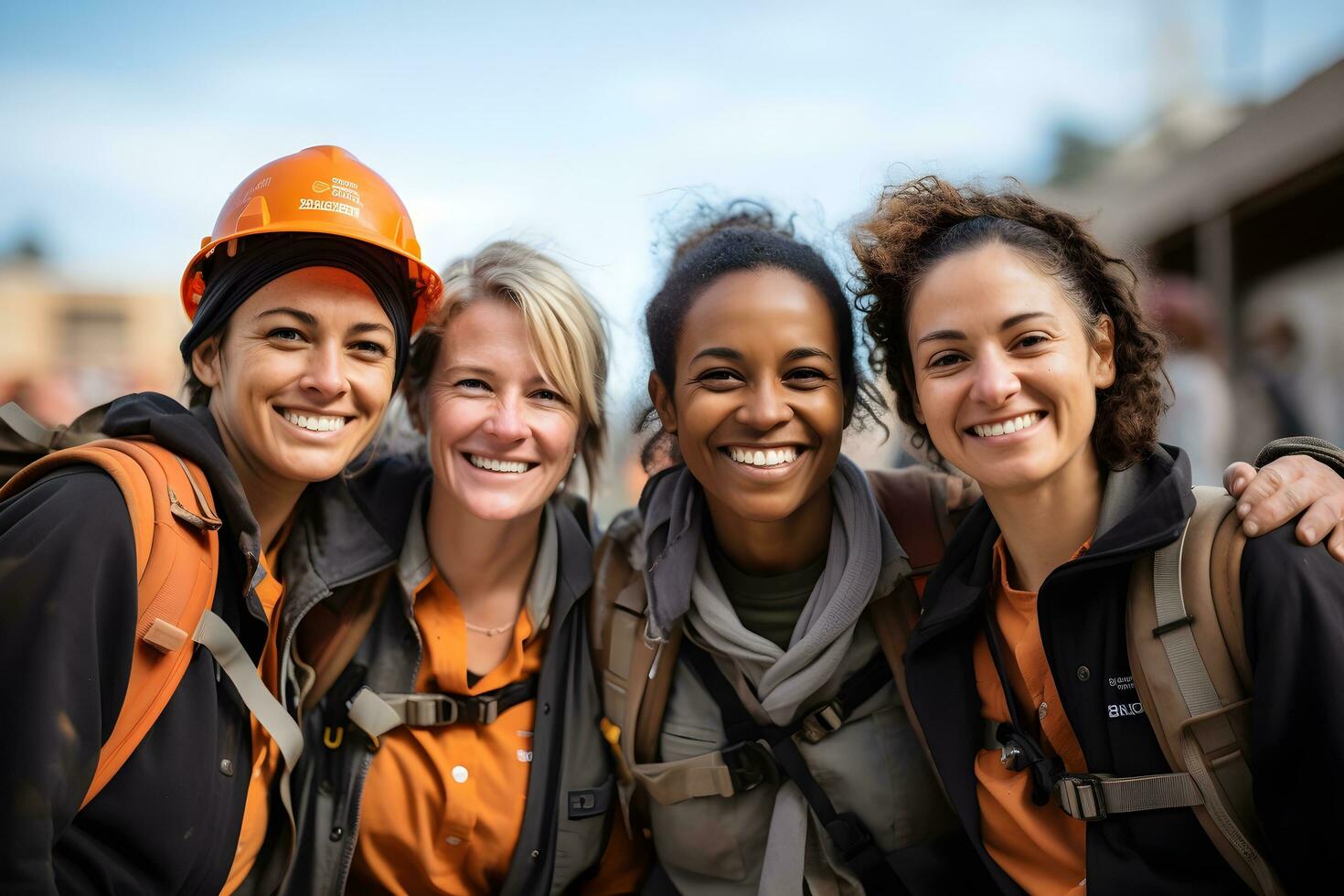 ai généré souriant construction ouvriers dans sécurité équipement photo