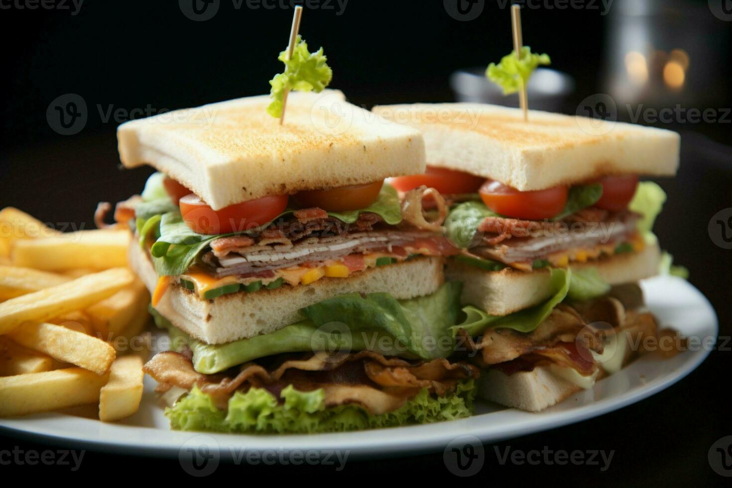 ai généré élevé à manger club sandwich affiché sur une élégant noir surface photo