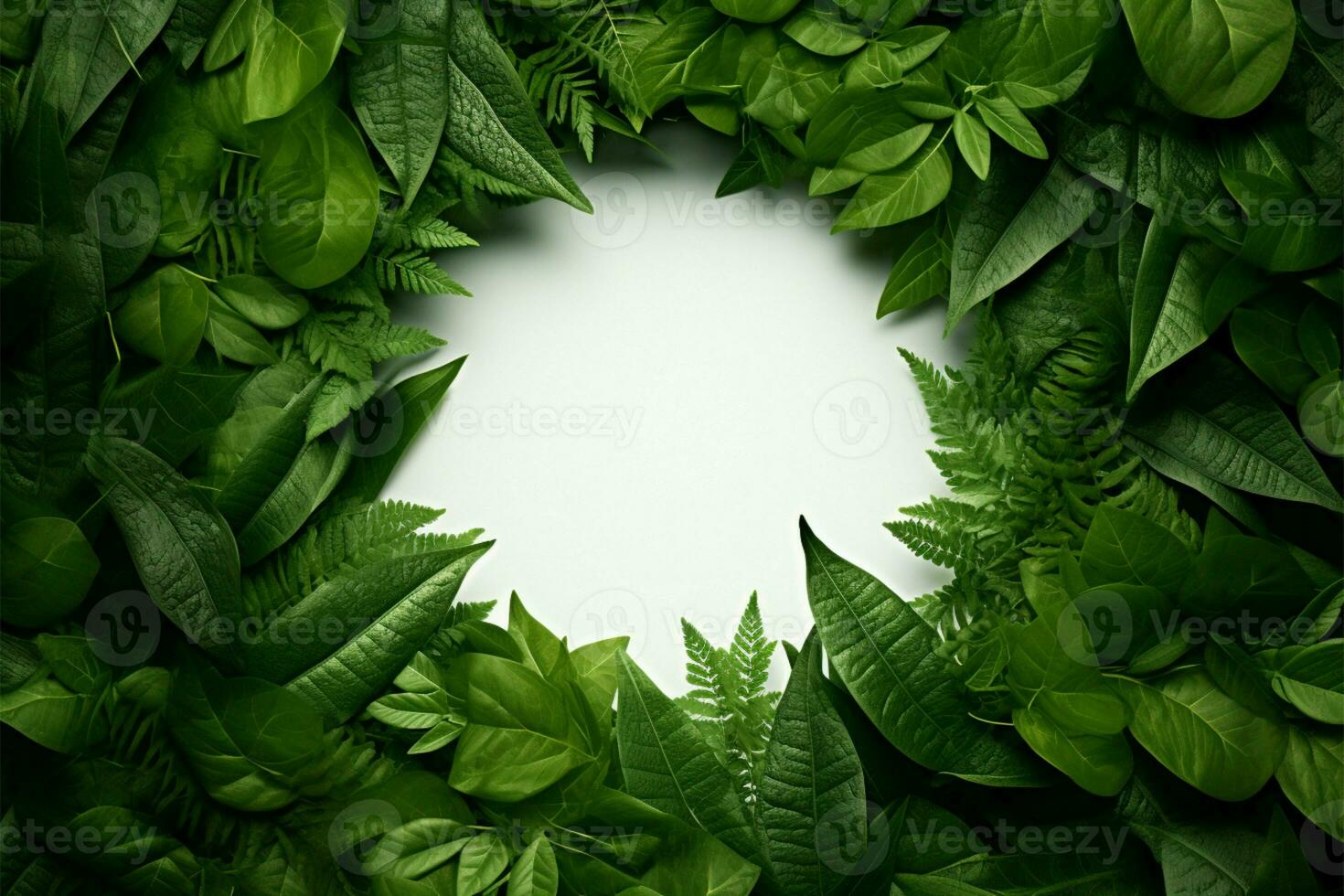 ai généré vert feuilles forme une circulaire Cadre avec blanc centre, Haut vue photo