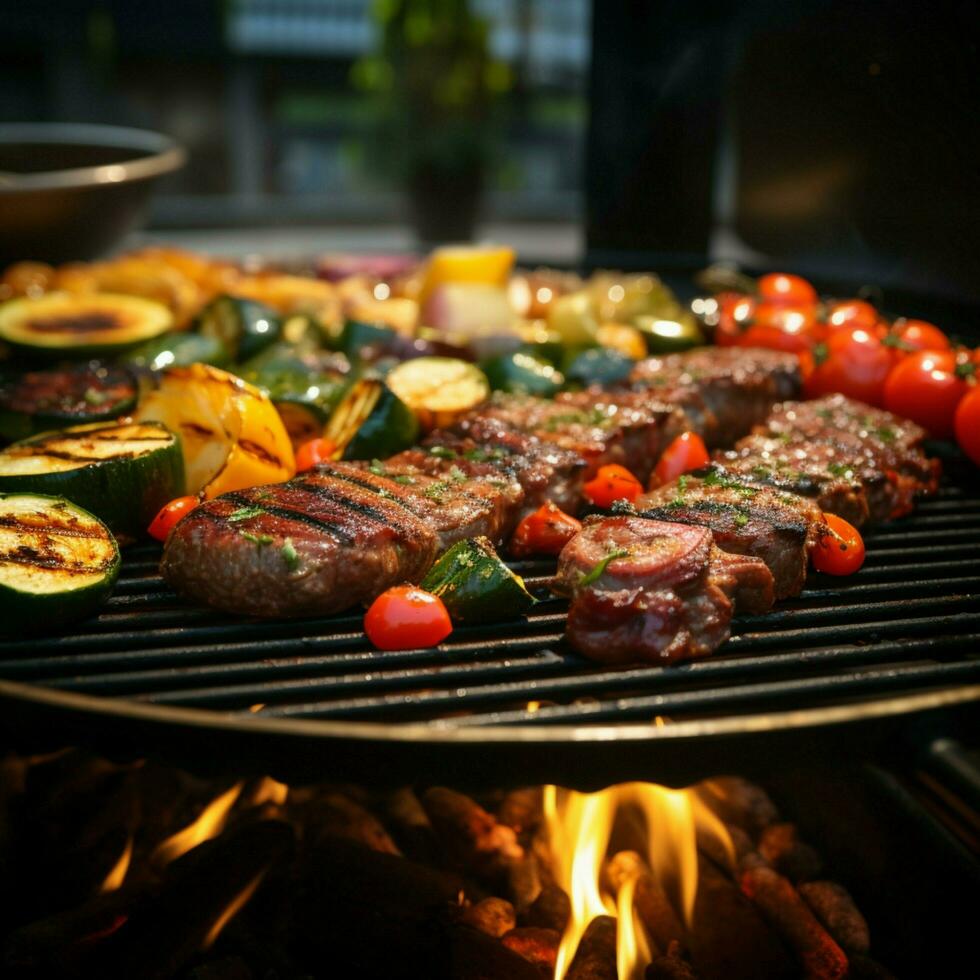 ai généré gril avec délicieux grillé Viande et légumes, fermer un barbecue scène pour social médias Publier Taille photo